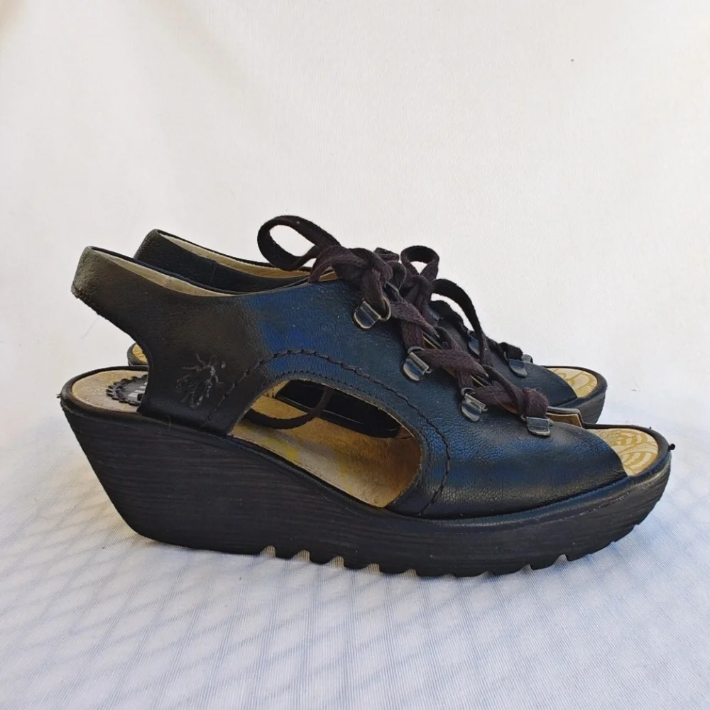 Fly London‎ YLFA Wedge Sandals Leather Black Lace Up Platform Size EU 39